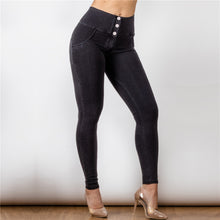 Load image into Gallery viewer, 3023BLJB Shascullfites High Waist Dark Thread Black Jeans Button Style