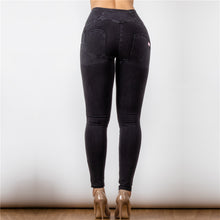 Load image into Gallery viewer, 3023BLJB Shascullfites High Waist Dark Thread Black Jeans Button Style