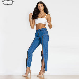 91091DMZJ Shascullfites Dark Blue Multiple Zippers Jeans
