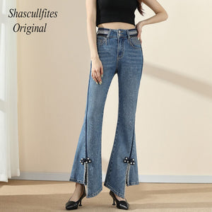 OR01 Shascullfites Original Design Tassels Jeans High Waist Casual Loose Denim Jeans Womens Clothing Pearl Bell Jeans