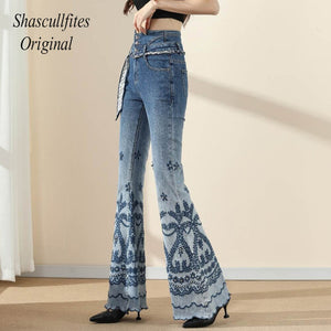 OR02 Shascullfites Original High Waist Retro Straight Loose Mopping 3 Buttons Jeans  Bottom Embroidered Women Denim Pants Jeans