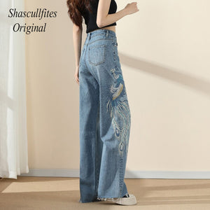 OR05 Shascullfites Original Embroidery Straight Loose Blue Women Jeans Wide Leg Fashion Pants Over Size Jeans