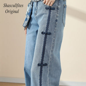 OR03 Shascullfites Original Woman New High Street Buttons Split Wide Leg Straight Jeans Women Fashion Casual Pants Women's Jeans