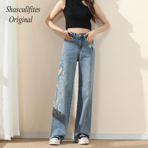 OR05 Shascullfites Original Embroidery Straight Loose Blue Women Jeans Wide Leg Fashion Pants Over Size Jeans