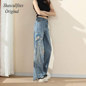 OR05 Shascullfites Original Embroidery Straight Loose Blue Women Jeans Wide Leg Fashion Pants Over Size Jeans