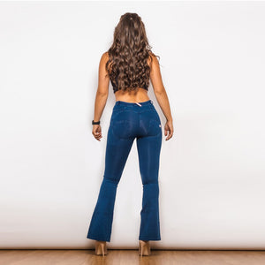 1005DBMJF Shascullfites Mid Waist Dark Thread Blue Flare Jeans