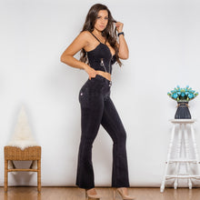 Load image into Gallery viewer, T1009 Shascullfites Bodysuit Push Up Top Black Denim Zipper Crop Top Middle Waist Flare Jeans Two Piece Sets Womens Shaper Set