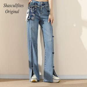 OR03 Shascullfites Original Woman New High Street Buttons Split Wide Leg Straight Jeans Women Fashion Casual Pants Women's Jeans