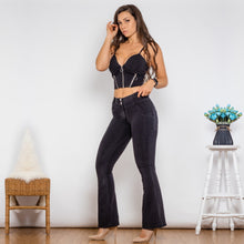 Load image into Gallery viewer, T1009 Shascullfites Bodysuit Push Up Top Black Denim Zipper Crop Top Middle Waist Flare Jeans Two Piece Sets Womens Shaper Set