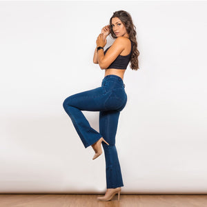 1005DBMJF Shascullfites Mid Waist Dark Thread Blue Flare Jeans