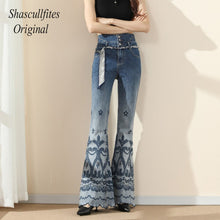 Load image into Gallery viewer, OR02 Shascullfites Original High Waist Retro Straight Loose Mopping 3 Buttons Jeans  Bottom Embroidered Women Denim Pants Jeans