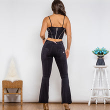 Load image into Gallery viewer, T1009 Shascullfites Bodysuit Push Up Top Black Denim Zipper Crop Top Middle Waist Flare Jeans Two Piece Sets Womens Shaper Set