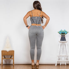 Load image into Gallery viewer, 419GPSH&amp;58058WGSSMLP Shascullfites Melody Body Shaper Suit Grey Plaid Zipper Push Up Top Middle Waist Plaid Bum Lifing Pants 2 Pieces Set