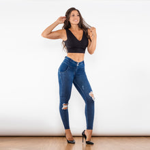 Load image into Gallery viewer, 96096BWRMLJ Shascullfites Blue Washed Ripped Middle Waist Ripped Blue Lifting Jeggings