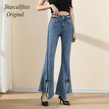 Load image into Gallery viewer, OR01 Shascullfites Original Design Tassels Jeans High Waist Casual Loose Denim Jeans Womens Clothing Pearl Bell Jeans