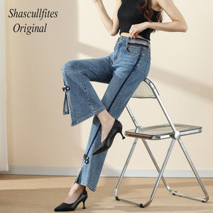 OR01 Shascullfites Original Design Tassels Jeans High Waist Casual Loose Denim Jeans Womens Clothing Pearl Bell Jeans