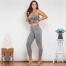 Load image into Gallery viewer, 419GPSH&amp;58058WGSSMLP Shascullfites Melody Body Shaper Suit Grey Plaid Zipper Push Up Top Middle Waist Plaid Bum Lifing Pants 2 Pieces Set