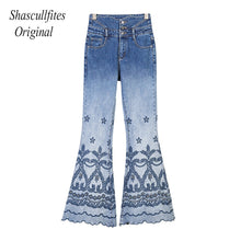 Load image into Gallery viewer, OR02 Shascullfites Original High Waist Retro Straight Loose Mopping 3 Buttons Jeans  Bottom Embroidered Women Denim Pants Jeans