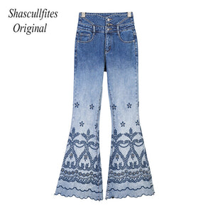 OR02 Shascullfites Original High Waist Retro Straight Loose Mopping 3 Buttons Jeans  Bottom Embroidered Women Denim Pants Jeans